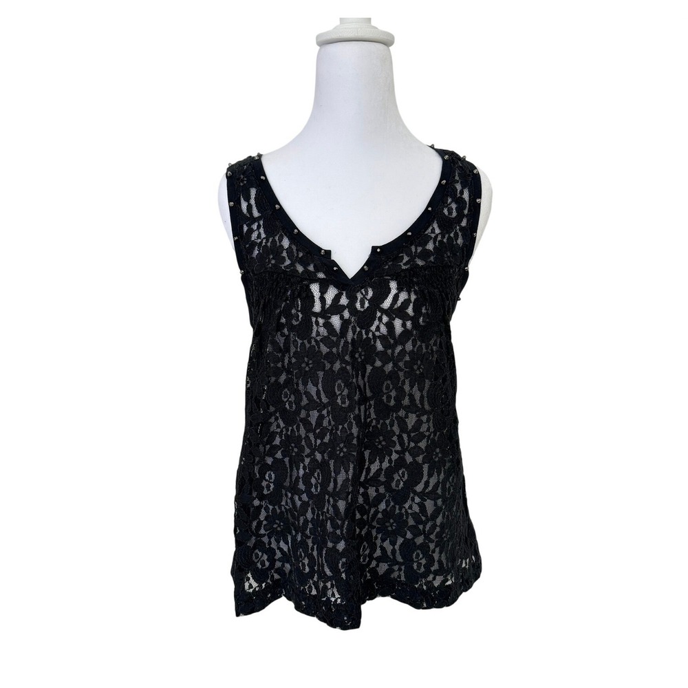 Black Lace Sheer Top Floral Studded Sleeveless Whimsigoth Fairy Womens M Express - Picture 2 of 10